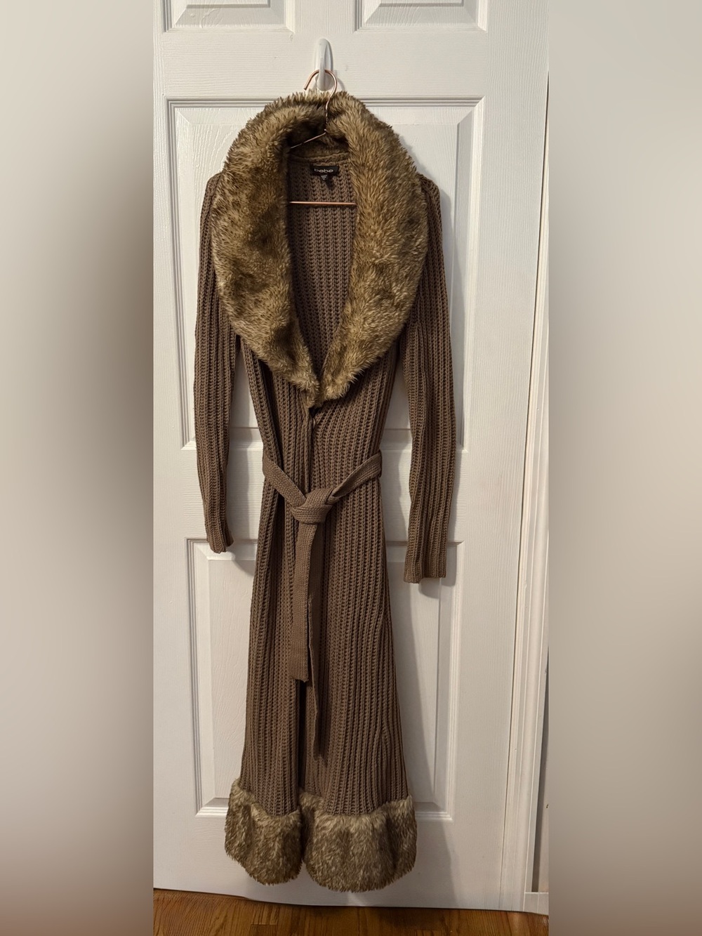 bebe Taupe Knit Wrap Cardigan with Faux Fur Trim